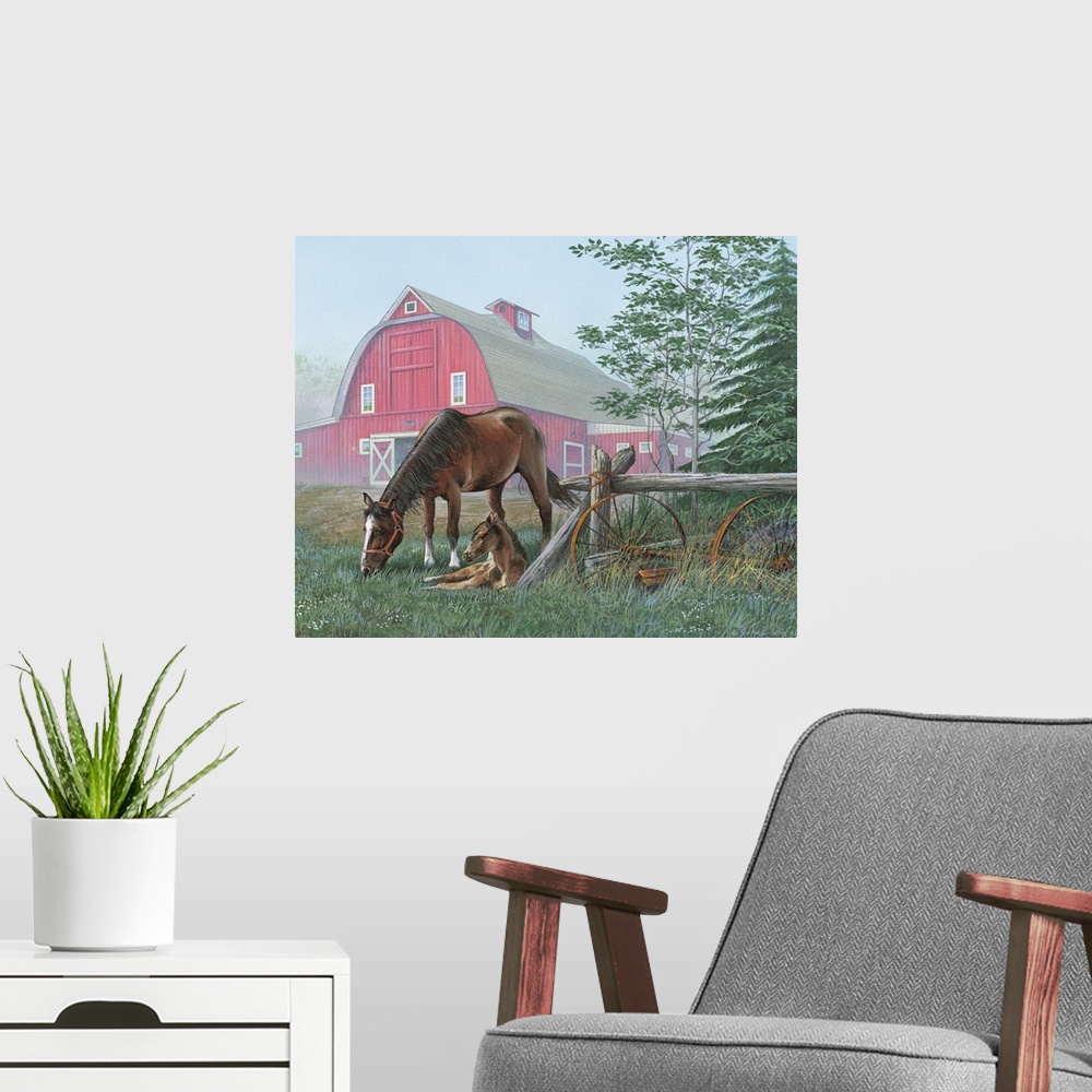 A modern room featuring Painting of a mother horse and her foal in the fog of the early morning.