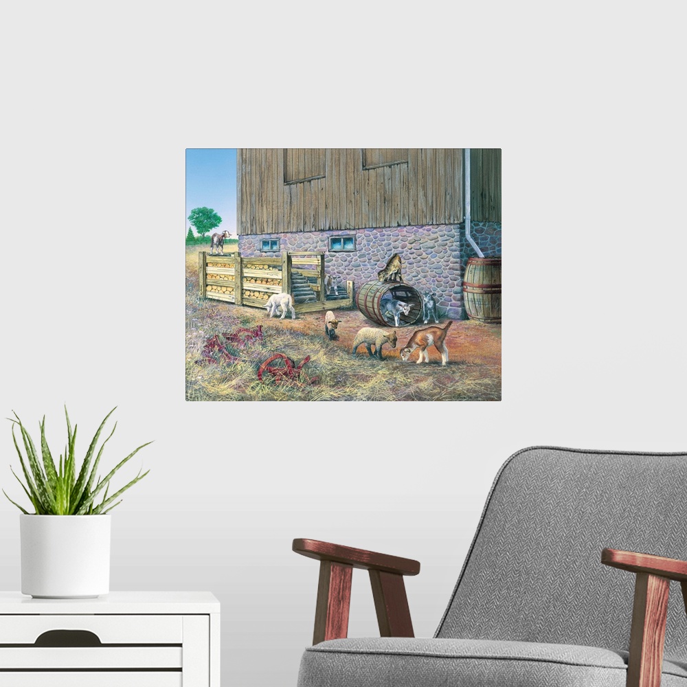 A modern room featuring Contemporary painting of young lambs and kids playing on a farm.