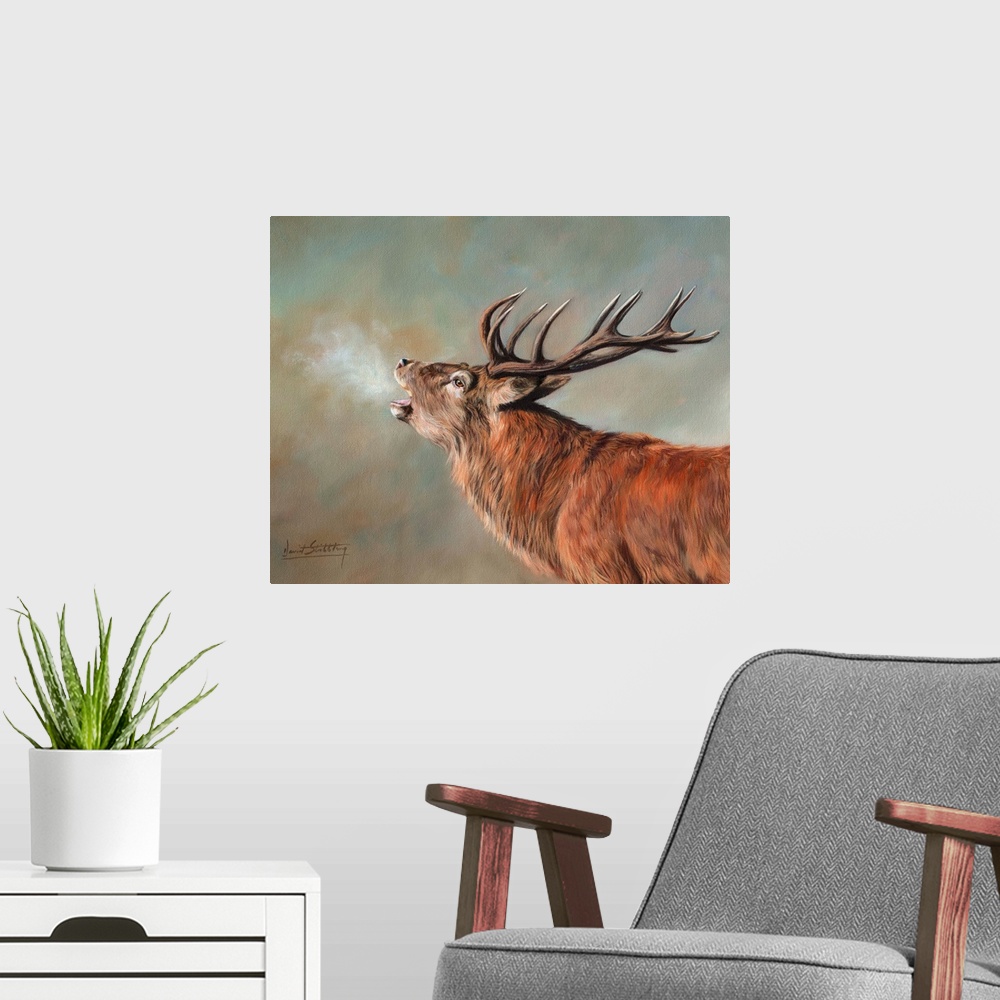 A modern room featuring Contemporary painting of a red deer stag in the early morning.