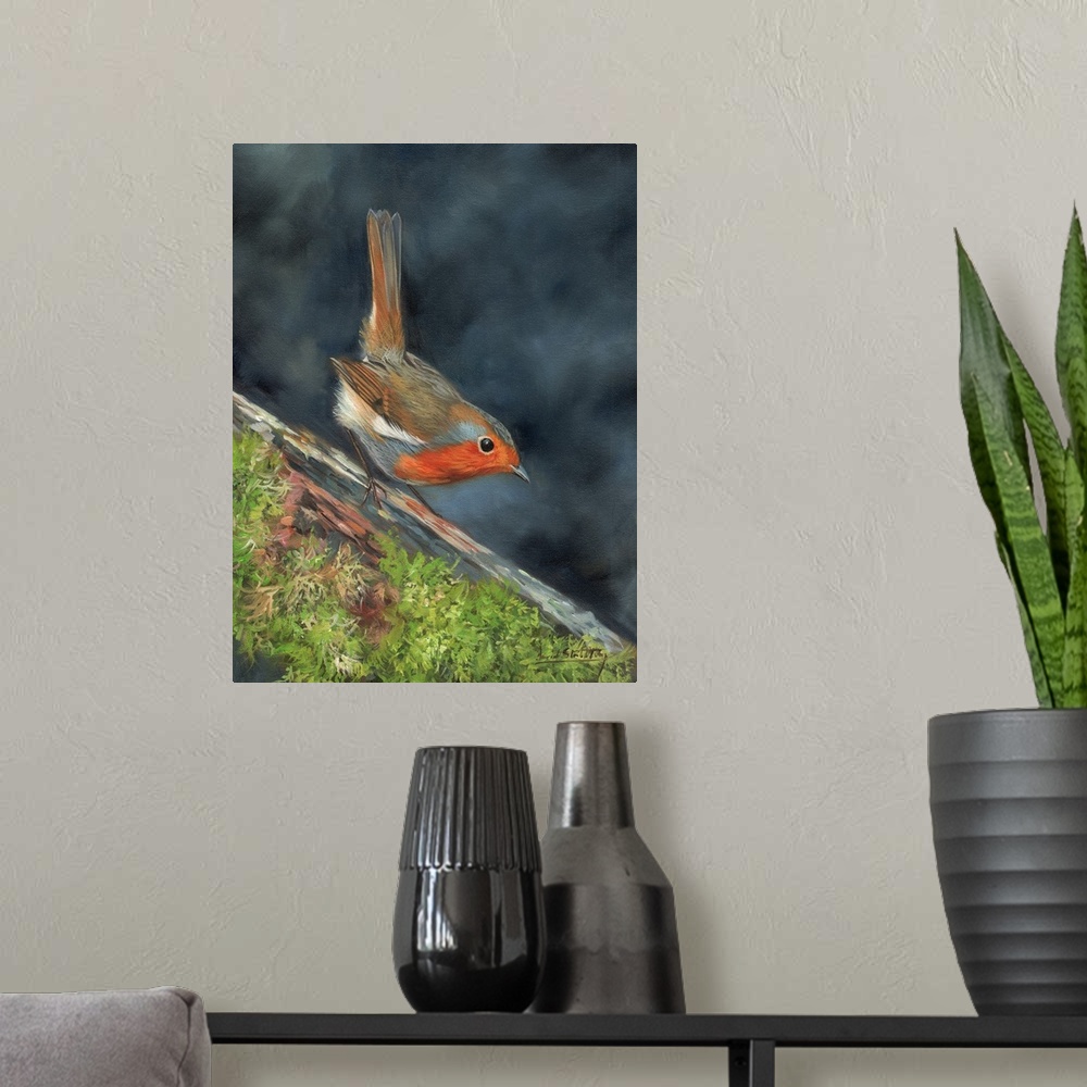 A modern room featuring Contemporary painting of a robin perched on branch.