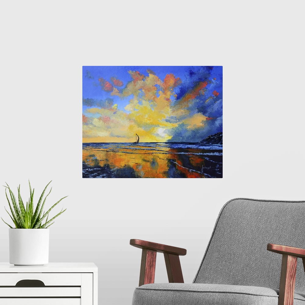 A modern room featuring Painting of a sailboat on a calm sea at sunset.