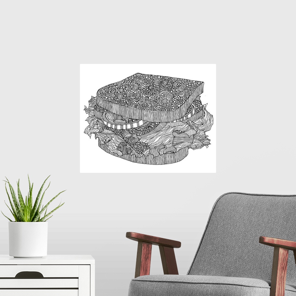 A modern room featuring Contemporary line art of of an ornately patterned sandwich against a white background.