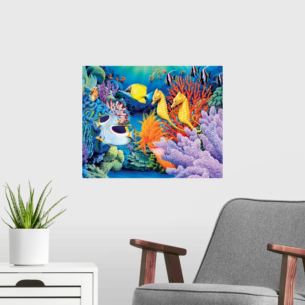 A modern room featuring Bright and colorful painting of underwater sea life including a school of fish and coral reef.