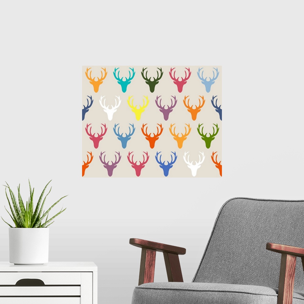A modern room featuring repeating pattern ~ deer heads in summer colours