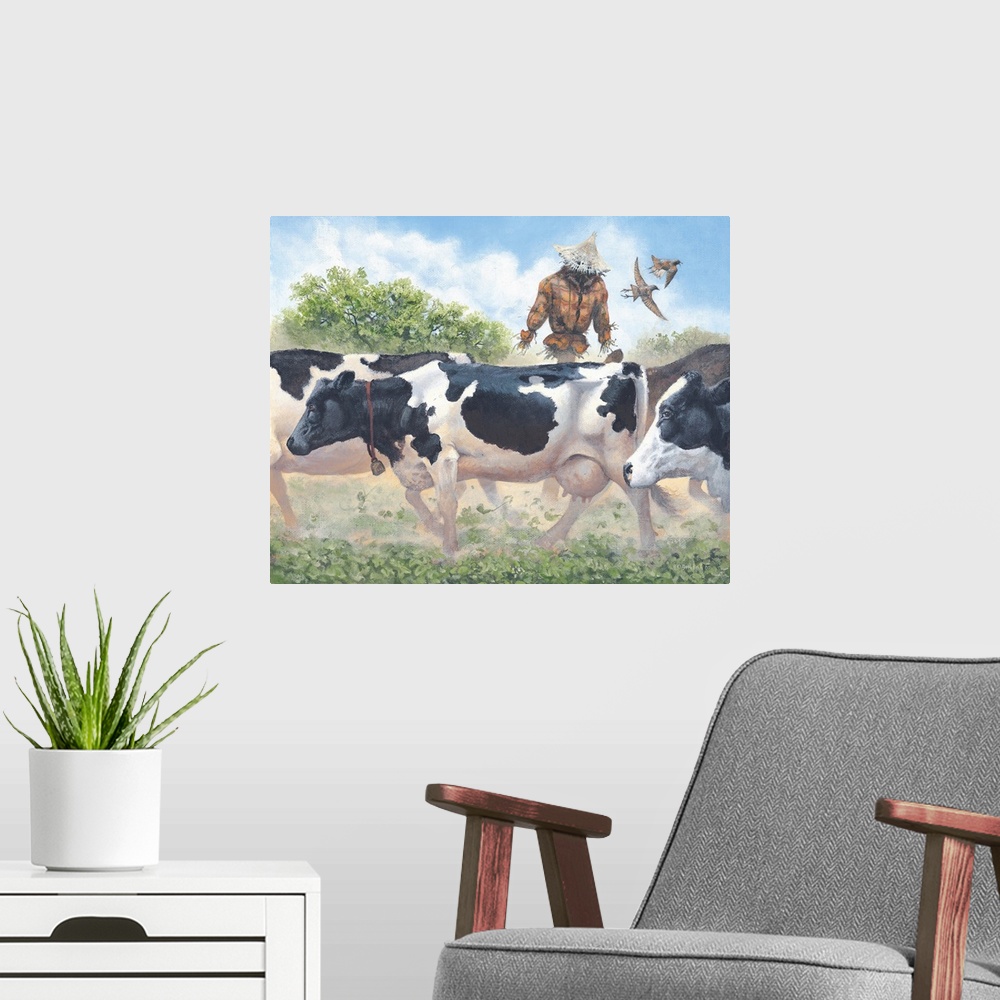 A modern room featuring Contemporary artwork of a herd of cows walking through a field kicking up dust.