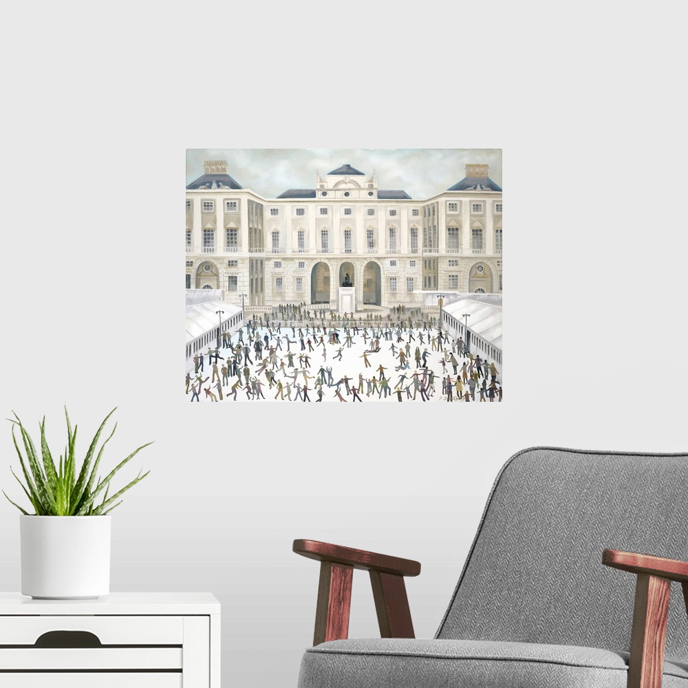 A modern room featuring Contemporary painting of people ice skating in front of the Somerset House.