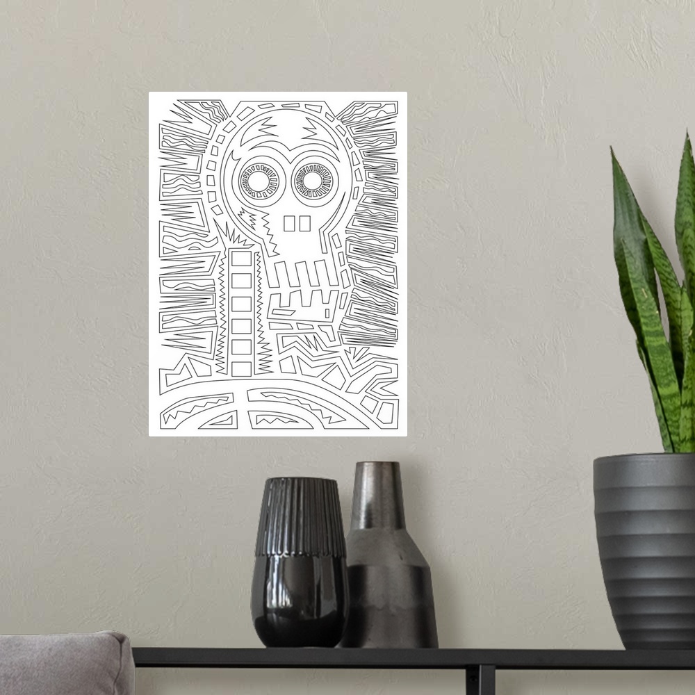 A modern room featuring Black and white line art of a human skeleton.