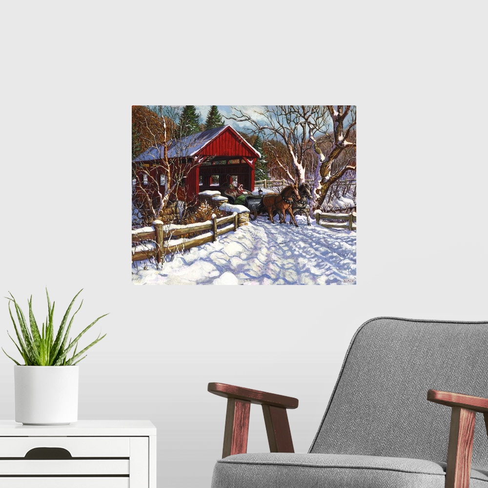 A modern room featuring A New England winter sleigh scene with covered bridge.