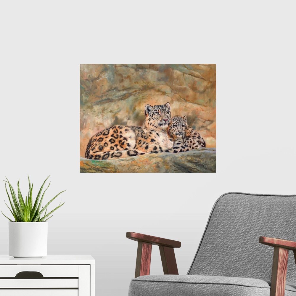 A modern room featuring Snow Leopard mother and cub. Oil on canvas.