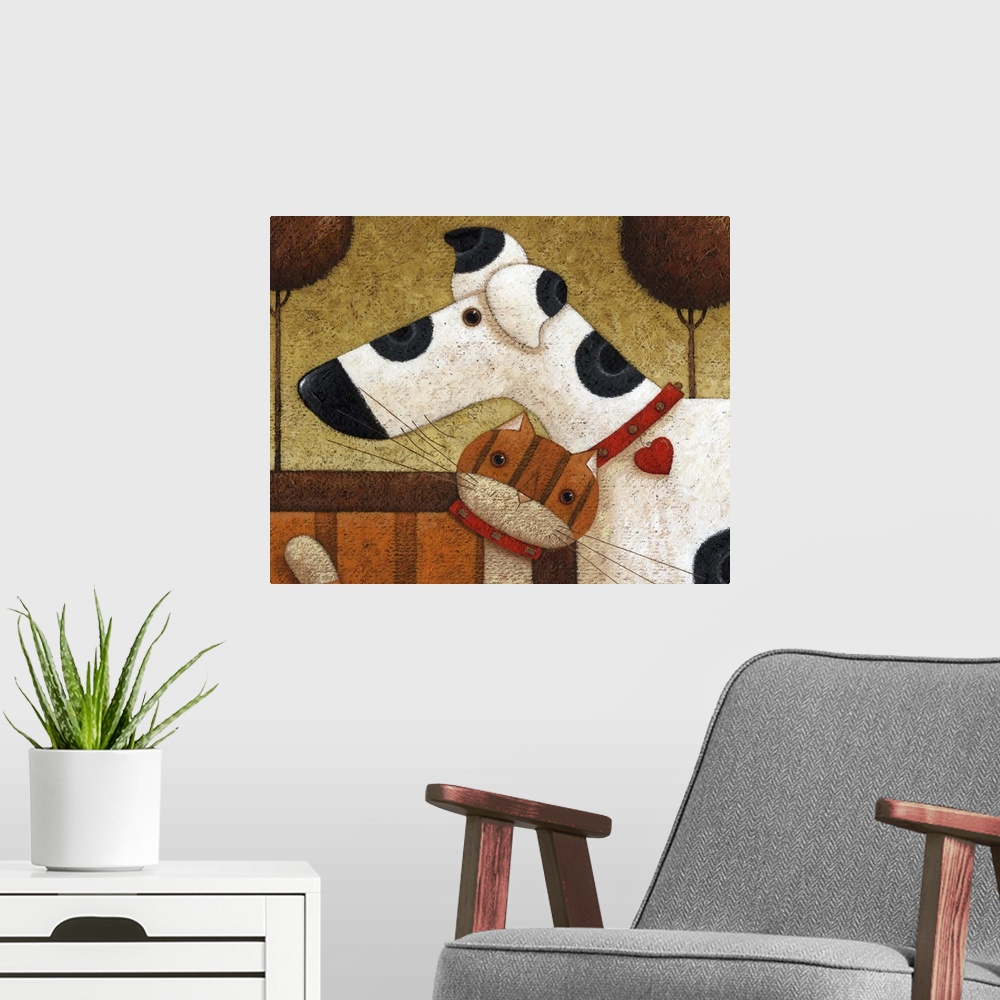 A modern room featuring Contemporary painting of an orange cat nuzzling a spotted dog.