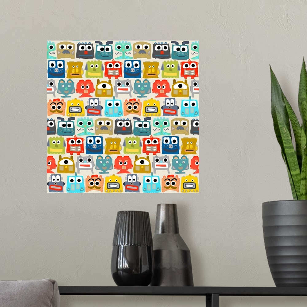 A modern room featuring repeating pattern ~ cute little robots