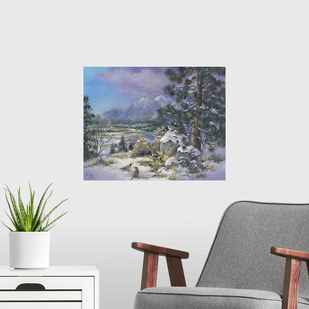 A modern room featuring Contemporary painting of quails in the snow in wilderness.