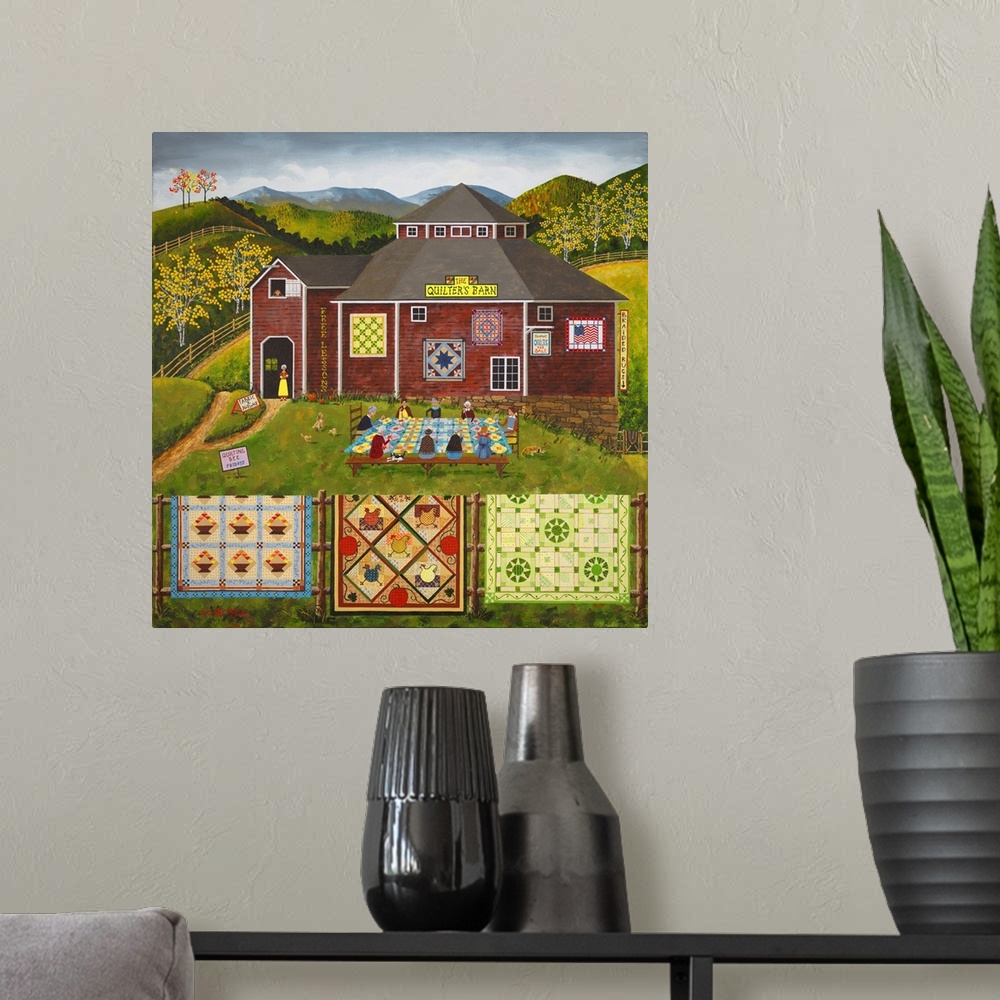 A modern room featuring Americana scene of a barn selling quilts with women in a quilting circle.