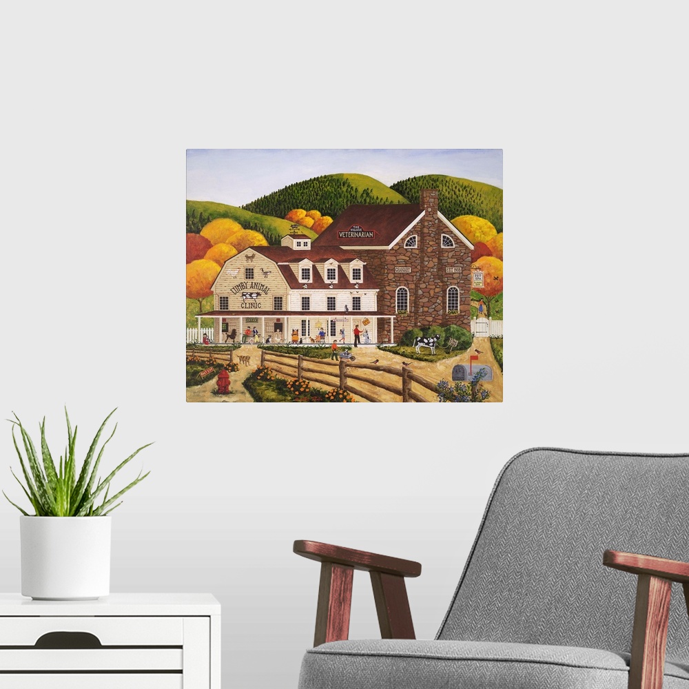 A modern room featuring Americana scene of a veterinary clinic in the fall.