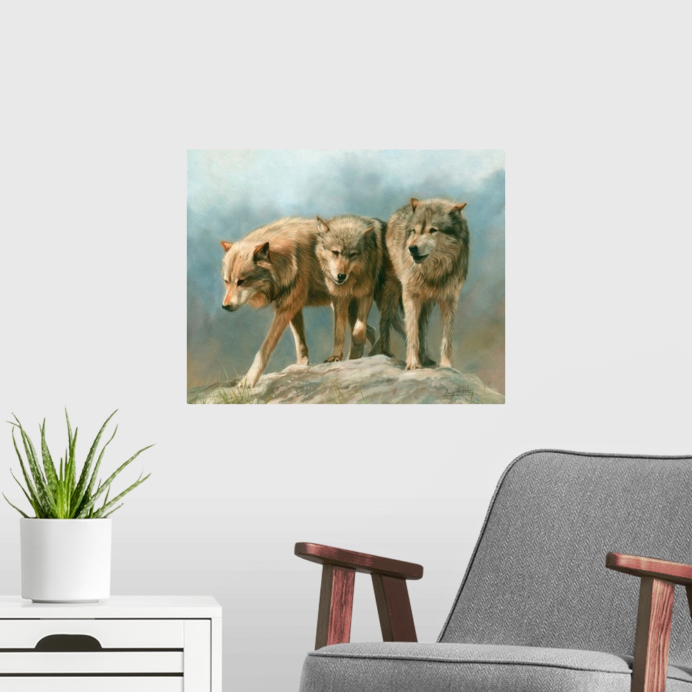 A modern room featuring Three Grey Wolves. Oil on canvas.
