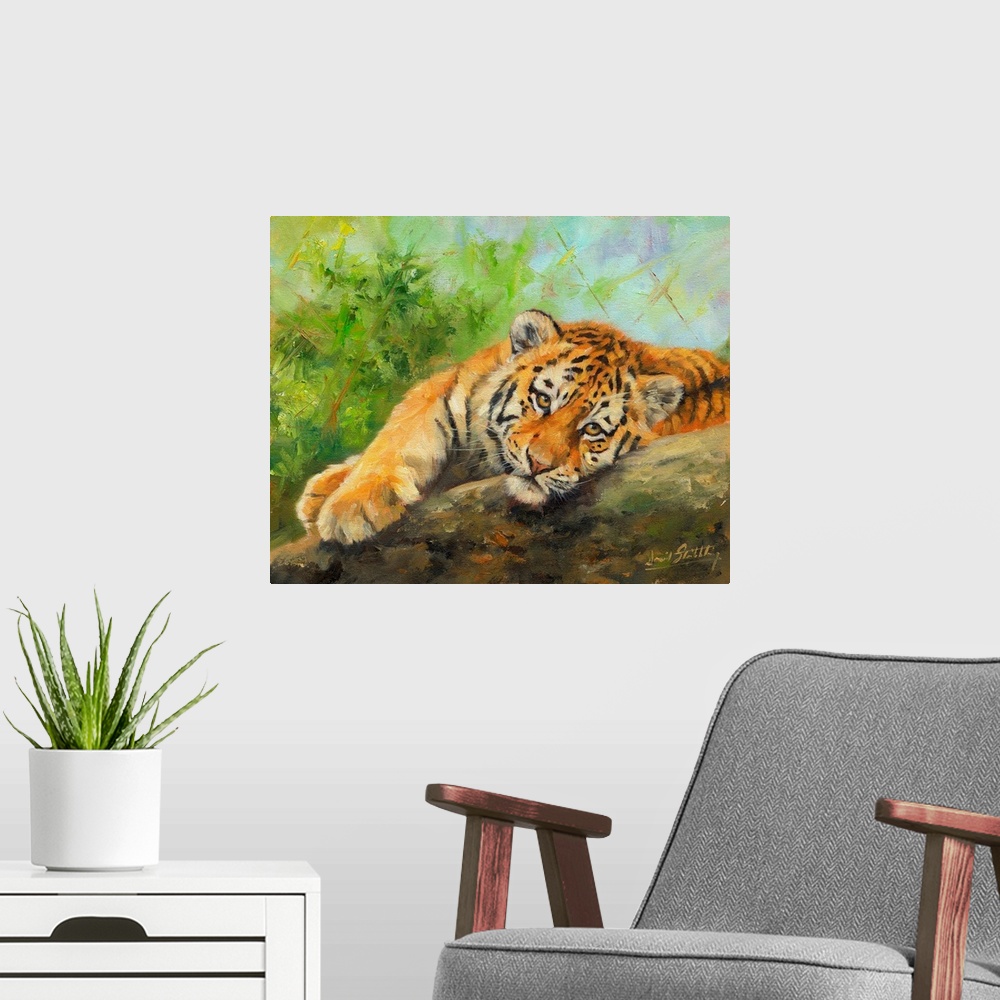 A modern room featuring Contemporary painting of a tiger cub lazily laying on a rock.