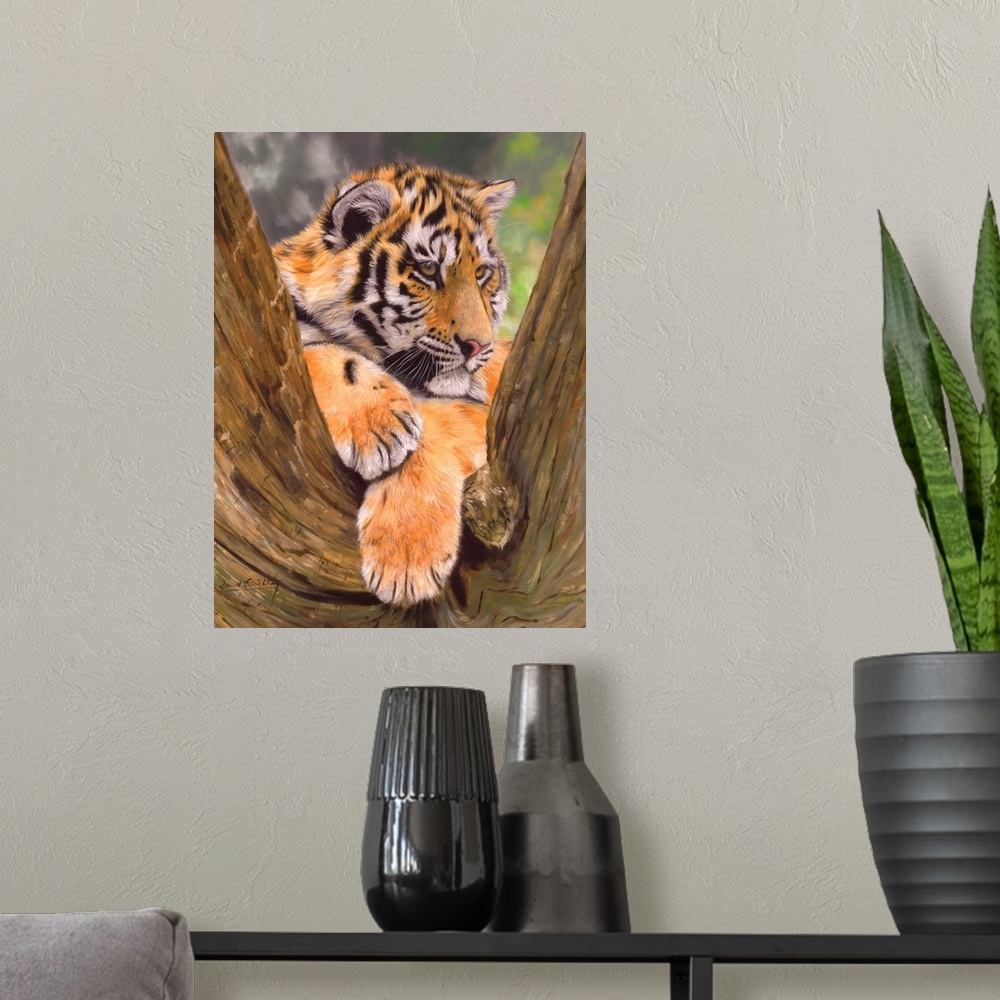 A modern room featuring Amur Tiger cub resting in crook of tree. Oil on canvas
