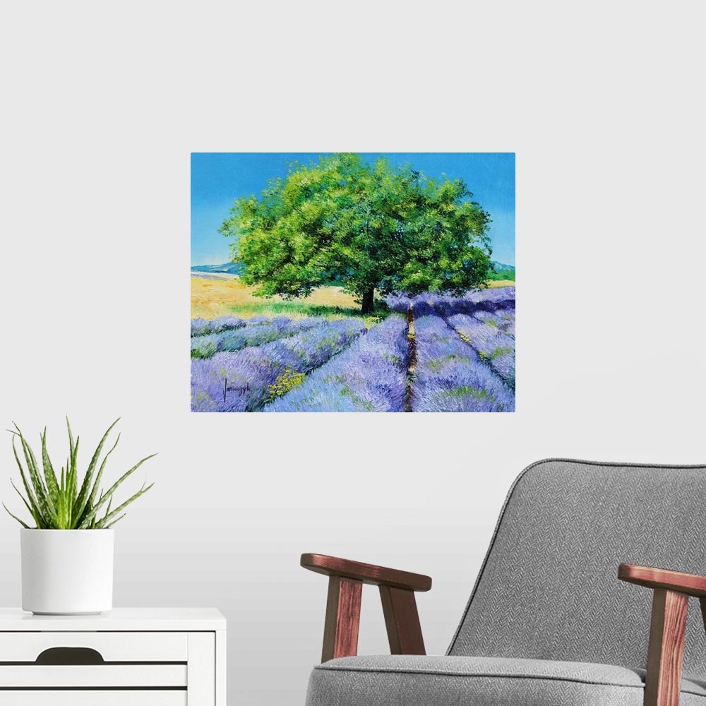 A modern room featuring Contemporary painting of a rural field of lavender crops.