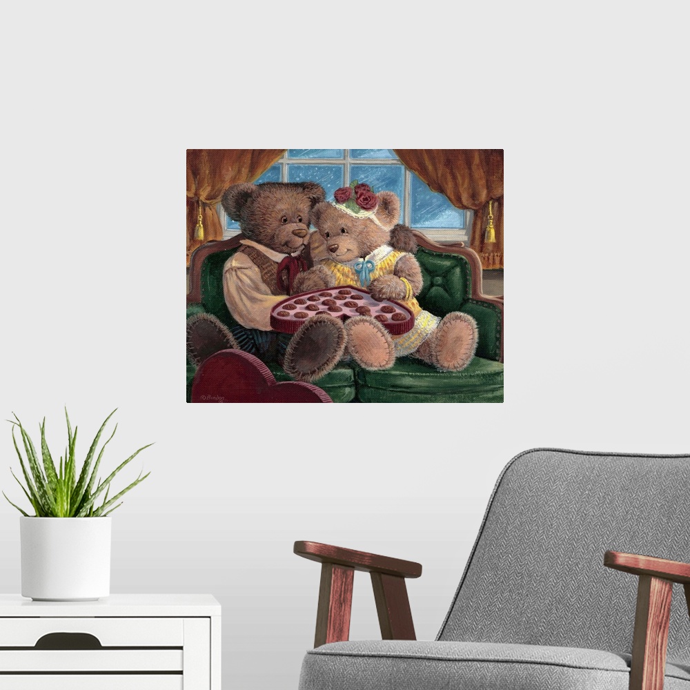 A modern room featuring Two teddy bears sharing a giant candy filled heart for Valentines day.