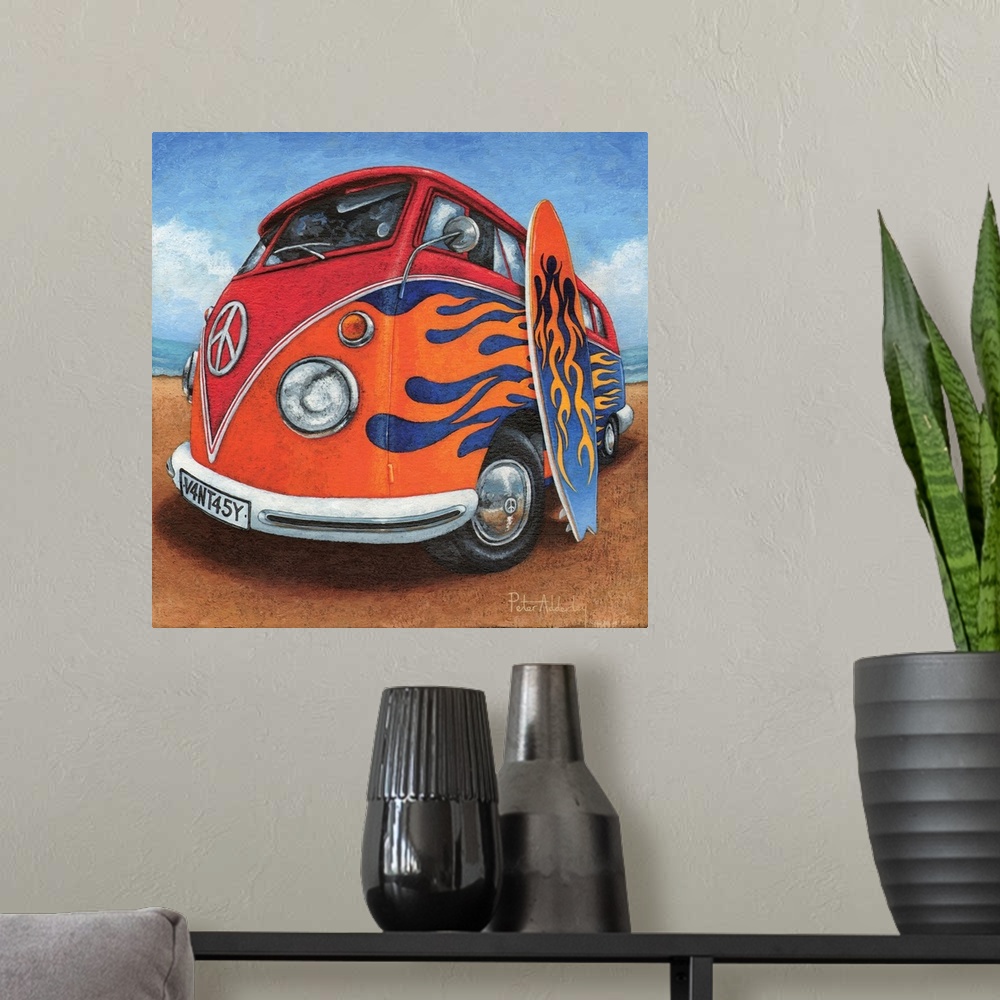 A modern room featuring Contemporary painting of a retro VW bus with bright red flames painted on the side, with a surfbo...