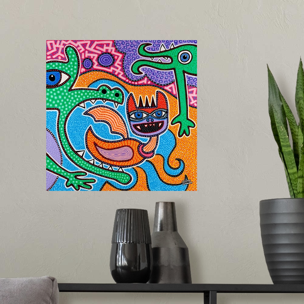 A modern room featuring Contemporary aboriginal inspired artwork with bright colors and intricate detail.