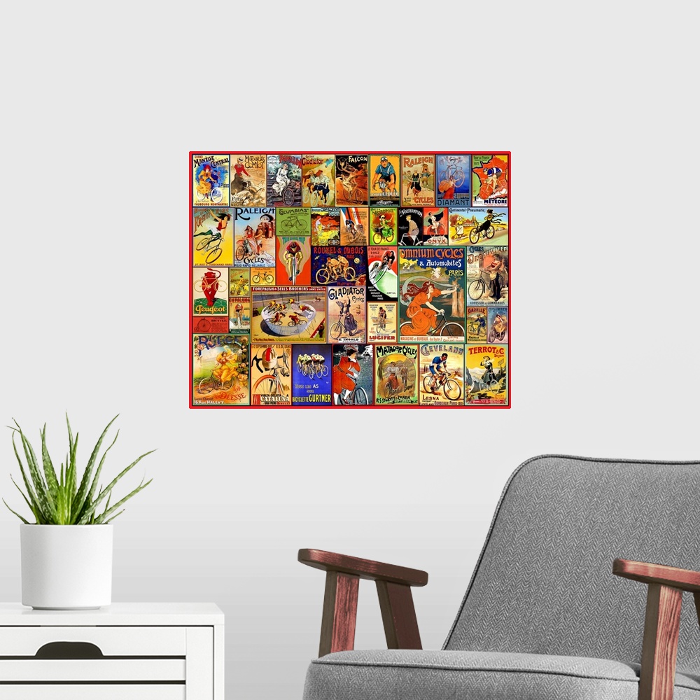 A modern room featuring A mosaic collage of vintage bicycle posters.