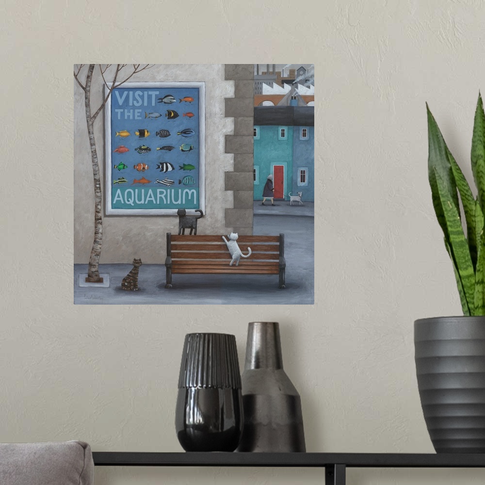 A modern room featuring Contemporary painting of a cats on a city sidewalk looking at an aquarium advertisement with imag...