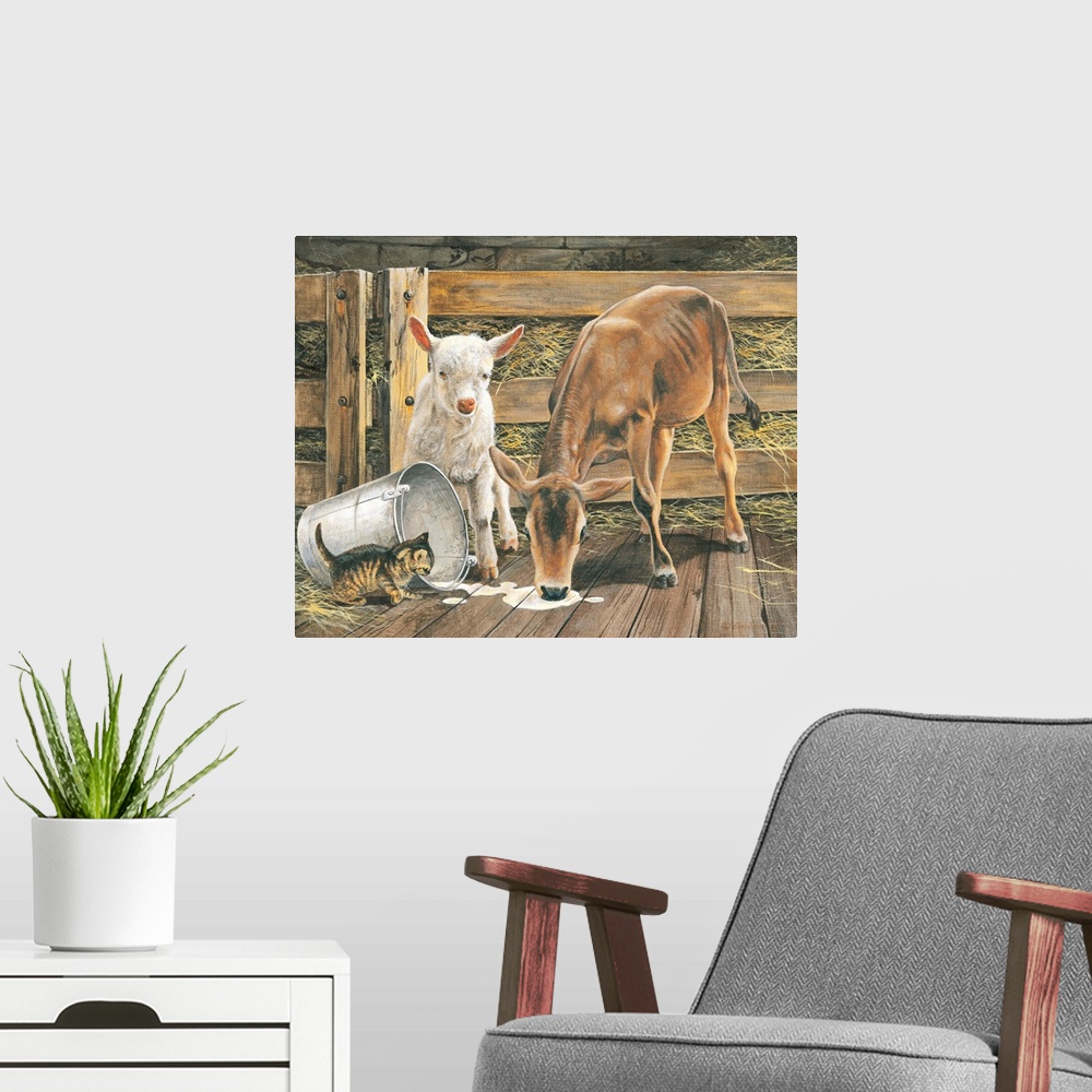 A modern room featuring Contemporary painting of farm animals knocking over a pail of milk.