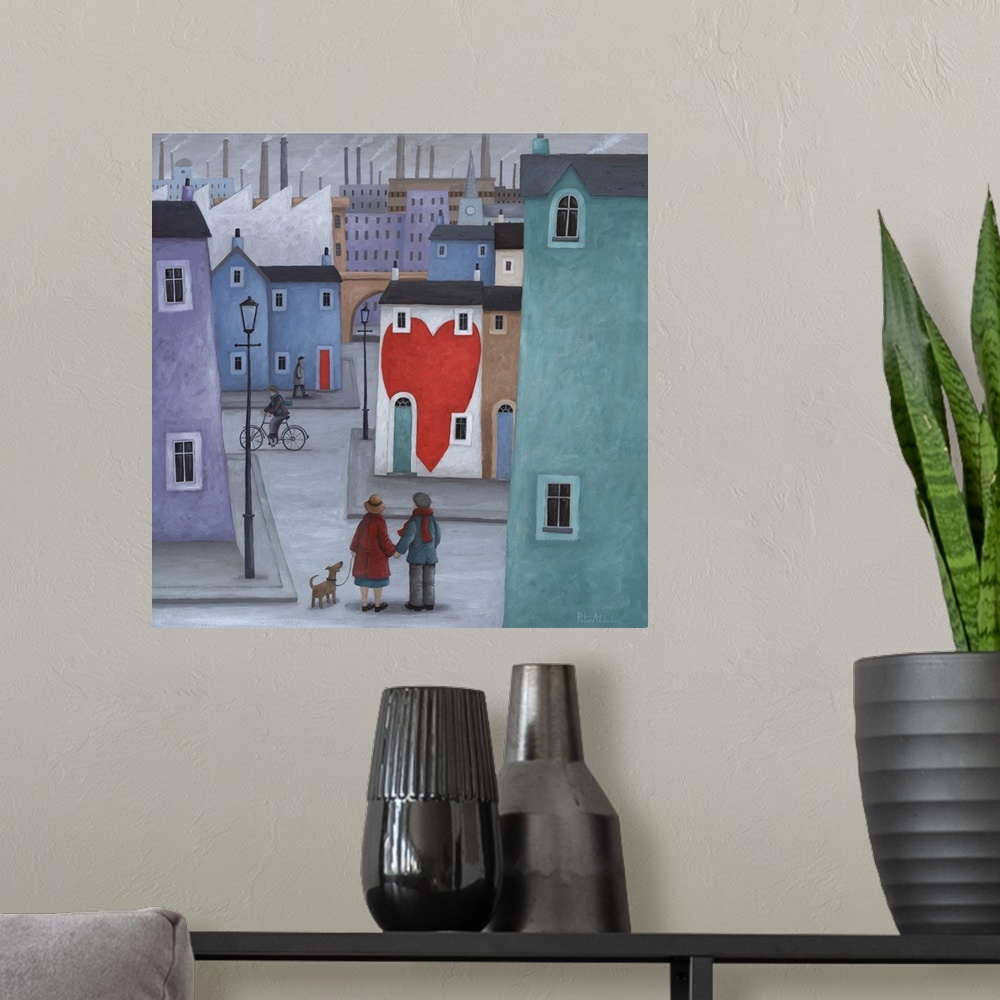 A modern room featuring Contemporary painting a couple walking a dog and stopped int he street looking at a house with a ...