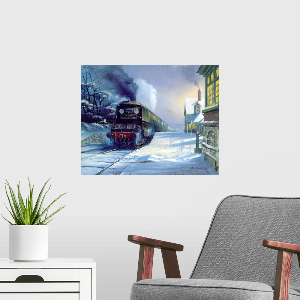 A modern room featuring Contemporary painting of a steam engine pulling a station in snow covered town in winter.