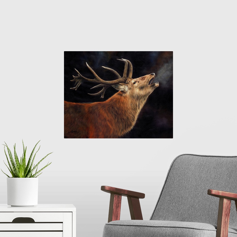 A modern room featuring Contemporary painting of male deer bellowing into the cold air.