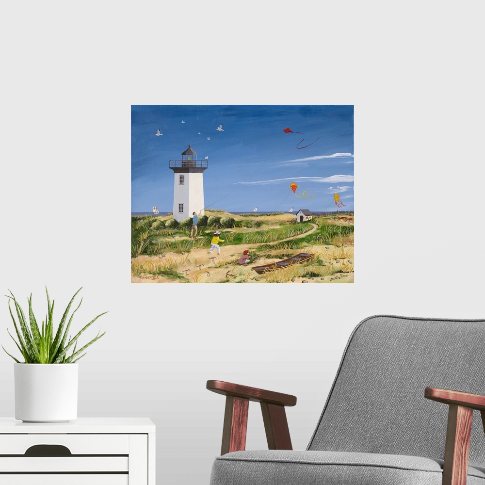 A modern room featuring Americana scene of children flying kites near a small lightouse on the beach.