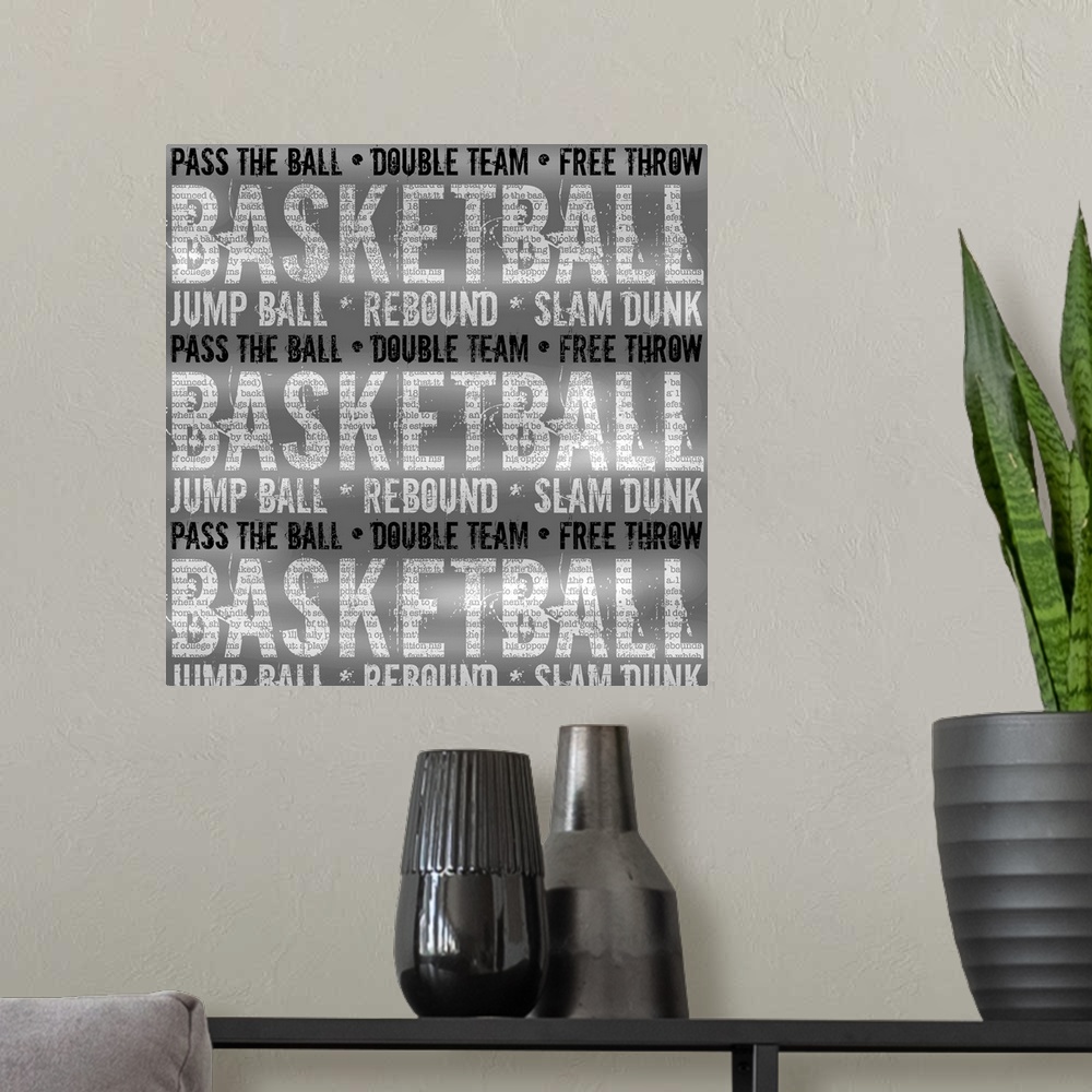 A modern room featuring Basketball Typography Art - black and white