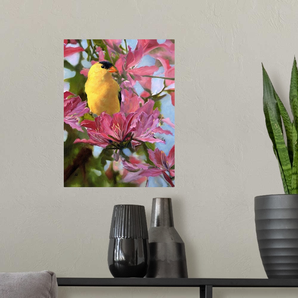 A modern room featuring Painting of a male goldfinch sitting on a pink flower.