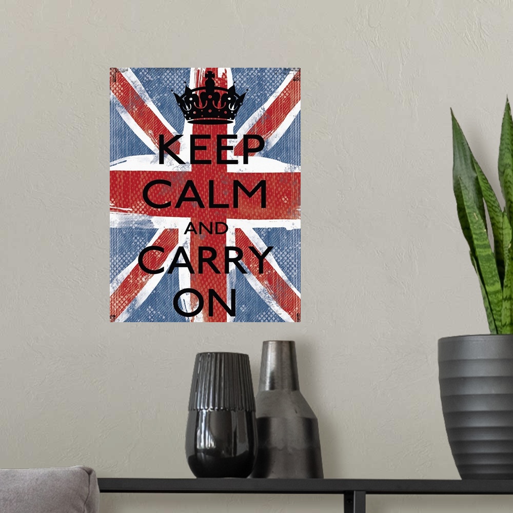 A modern room featuring Vertical artwork on a large canvas of a roughly painted British flag, textured with small, repeat...