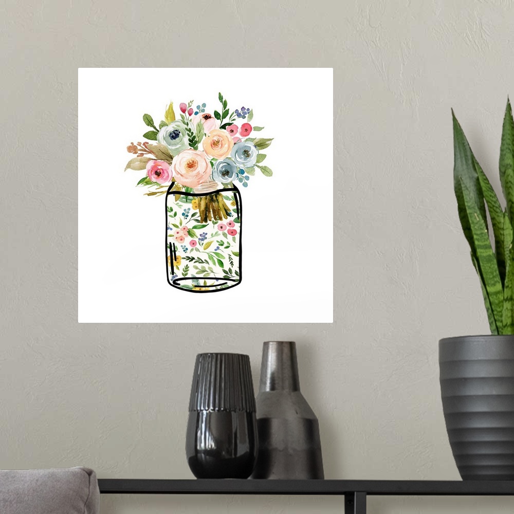A modern room featuring Bouquet of colorful flowers inside a mason jar.