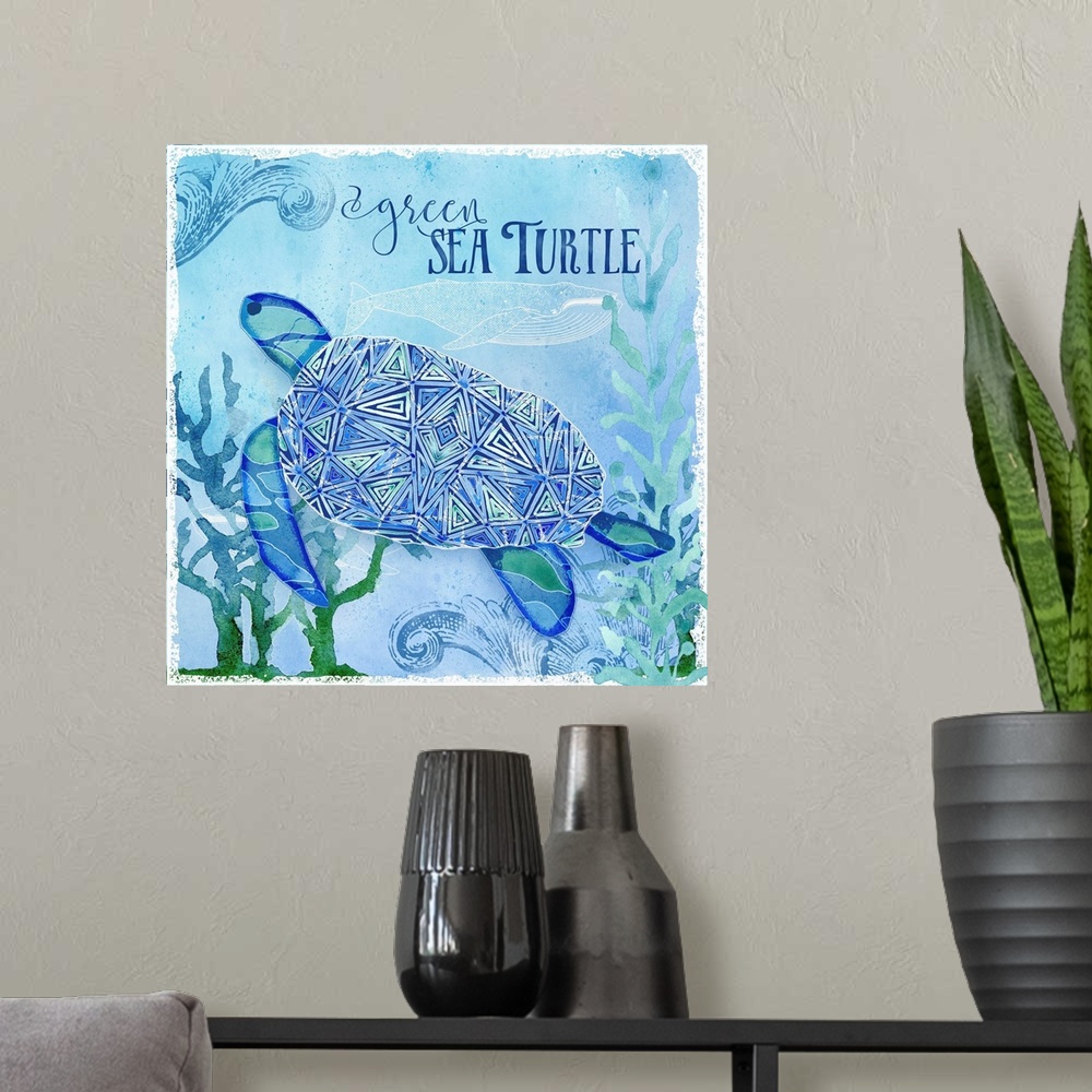 A modern room featuring Sea Glass Turtle 2