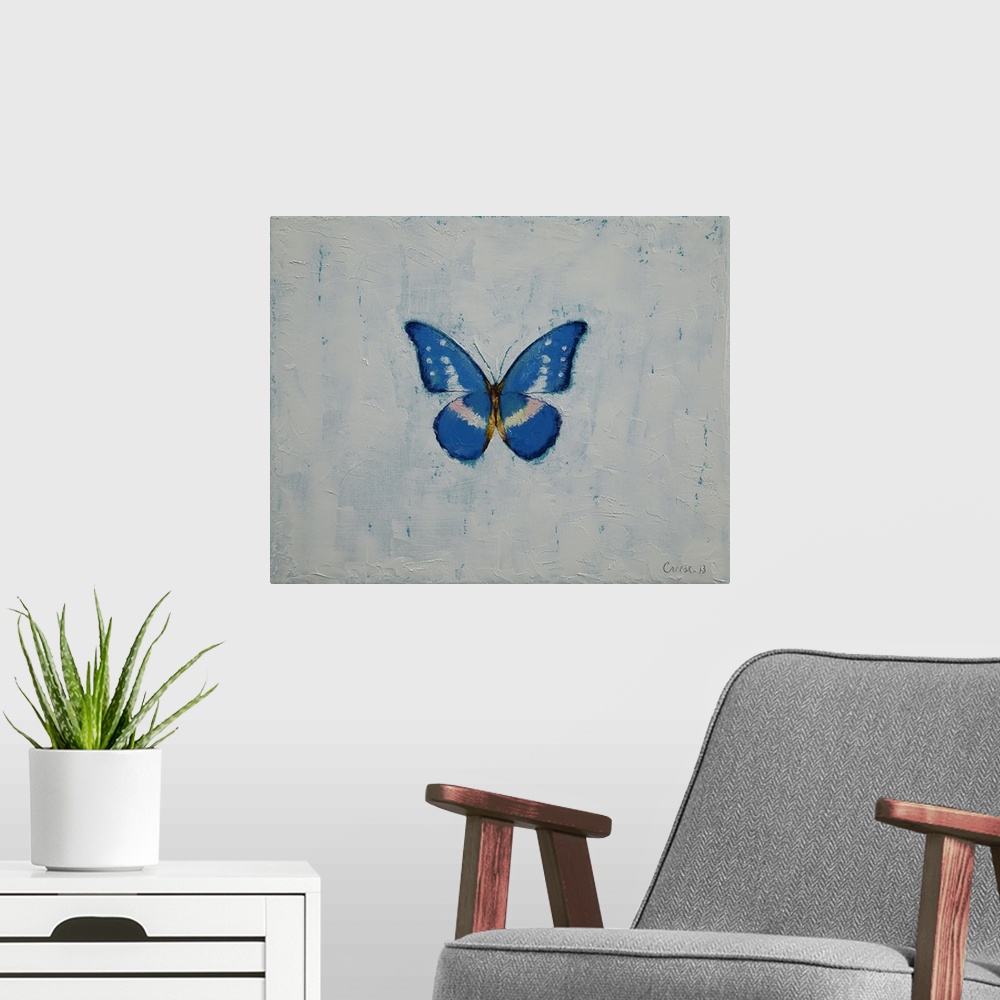 A modern room featuring A contemporary painting of a blue and white butterfly against a white background.
