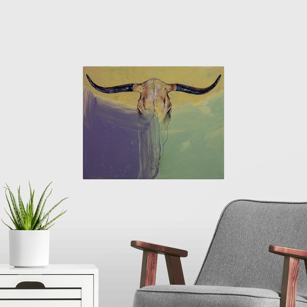 A modern room featuring A contemporary painting of a bull skull against a colorful background.