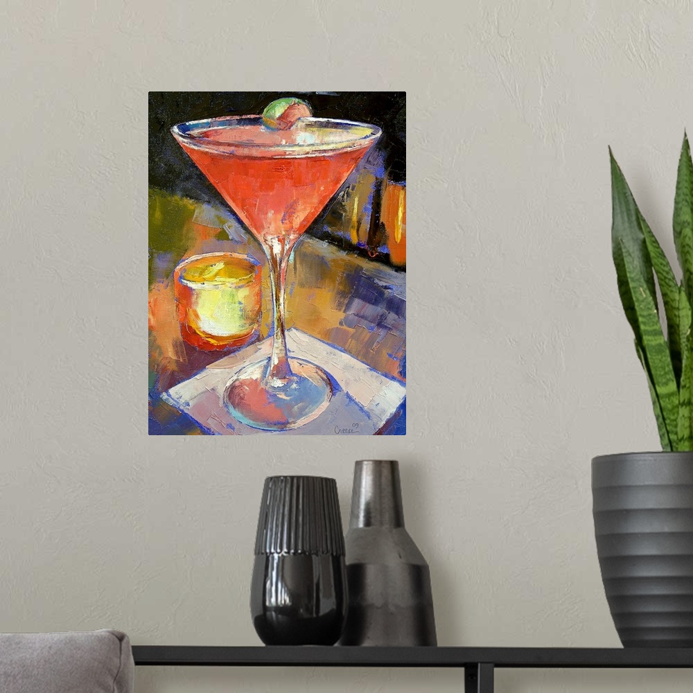 A modern room featuring Artwork perfect for the home or kitchen of an oil painted martini glass filled with a pink drink ...