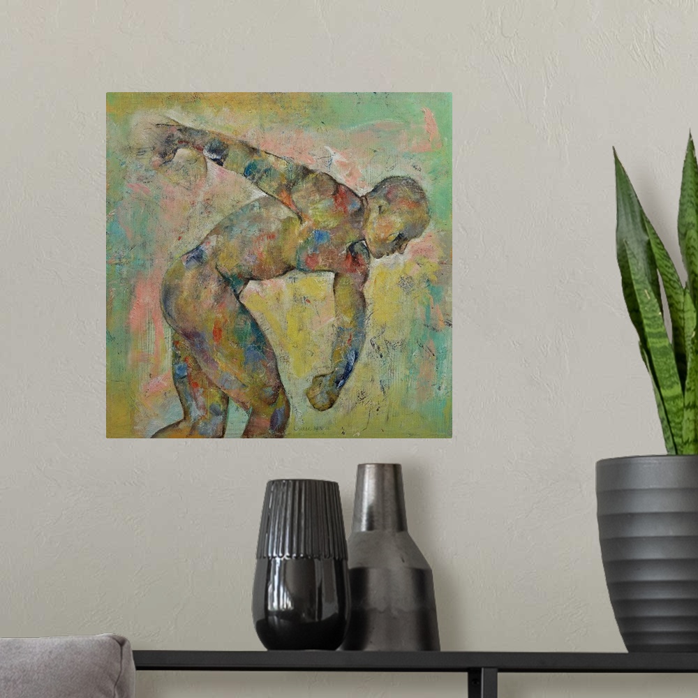 A modern room featuring A contemporary painting of a nude male discus thrower.