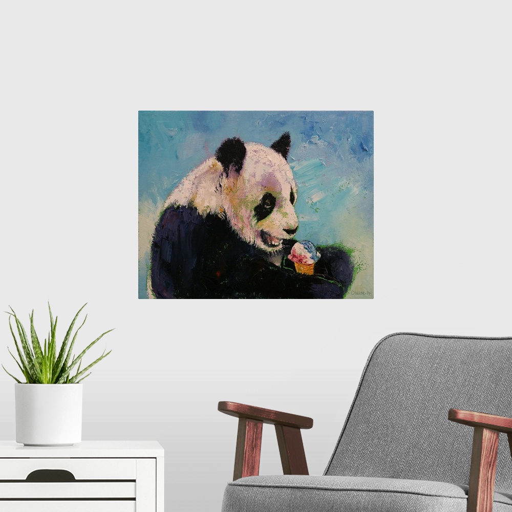 A modern room featuring A contemporary painting of a panda bear eating an ice cream cone.