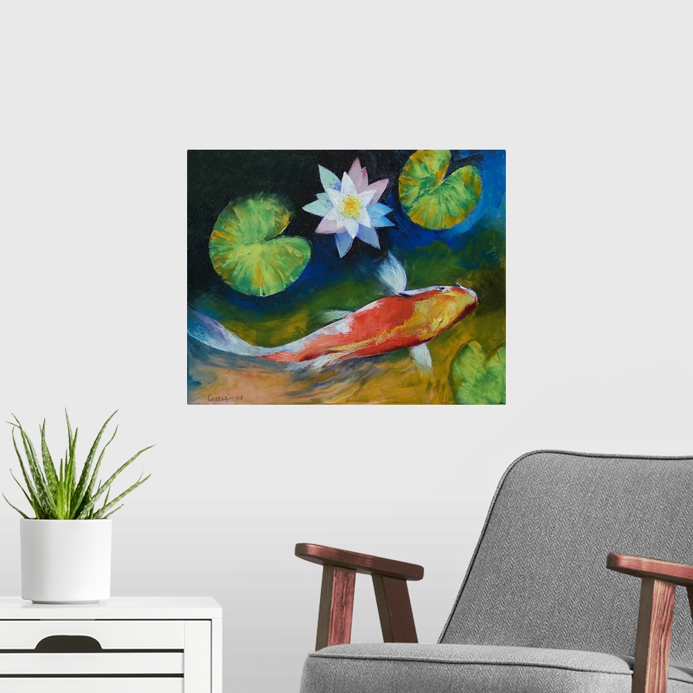 A modern room featuring Oil painting by an American artist of a Japanese fish surrounded by lily pads.