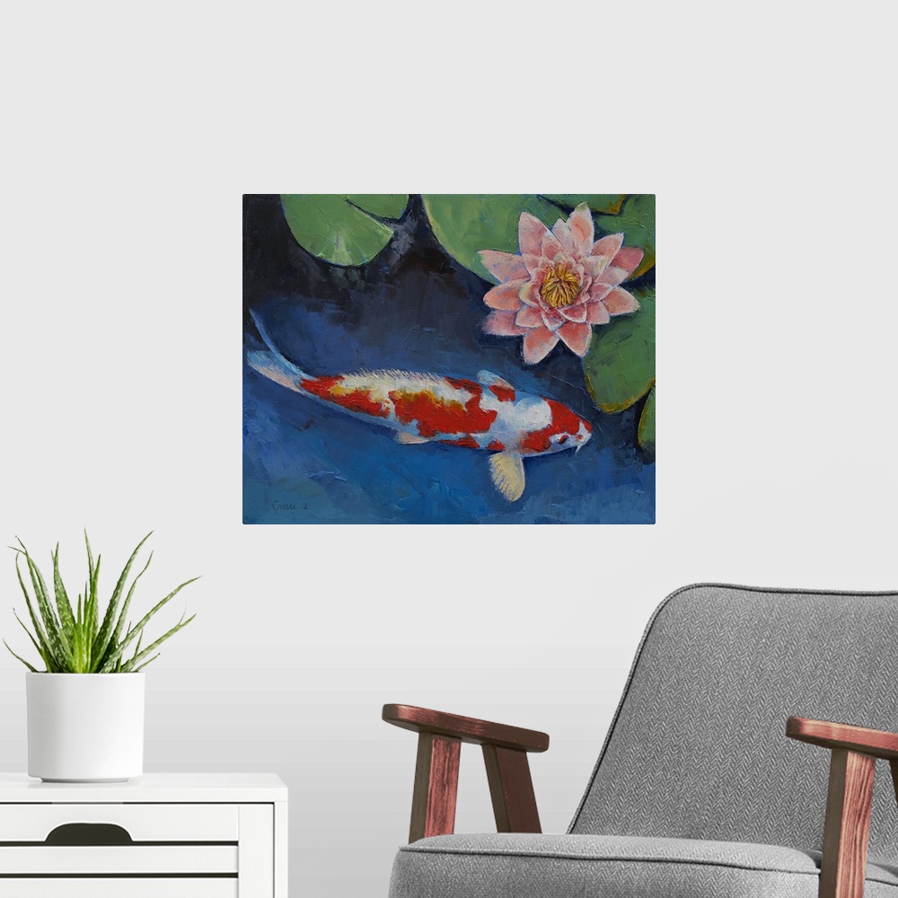 A modern room featuring Koi and Pink Water Lily