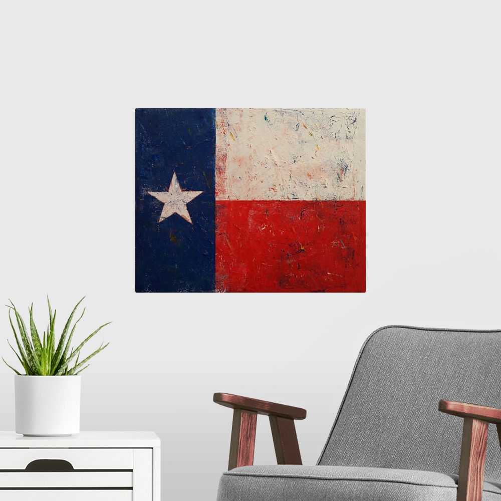 A modern room featuring A contemporary painting of the Texan flag.
