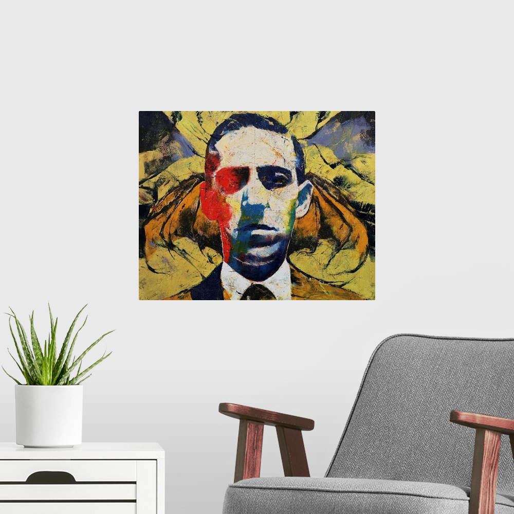 A modern room featuring A contemporary painting of the horror science fiction author H.P. Lovecraft.