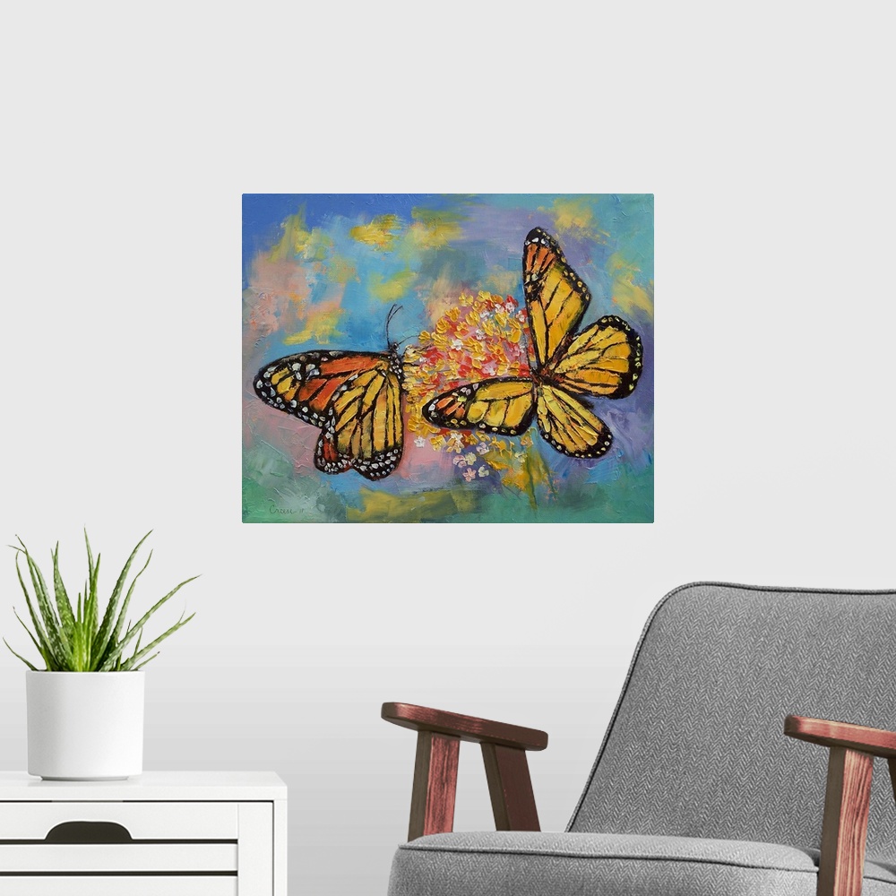 A modern room featuring Monarch Butterflies