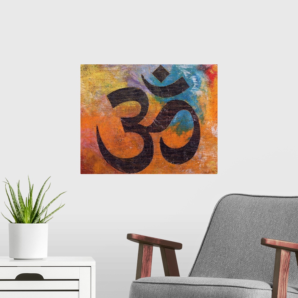 A modern room featuring A contemporary painting of an Om against a colorful background.