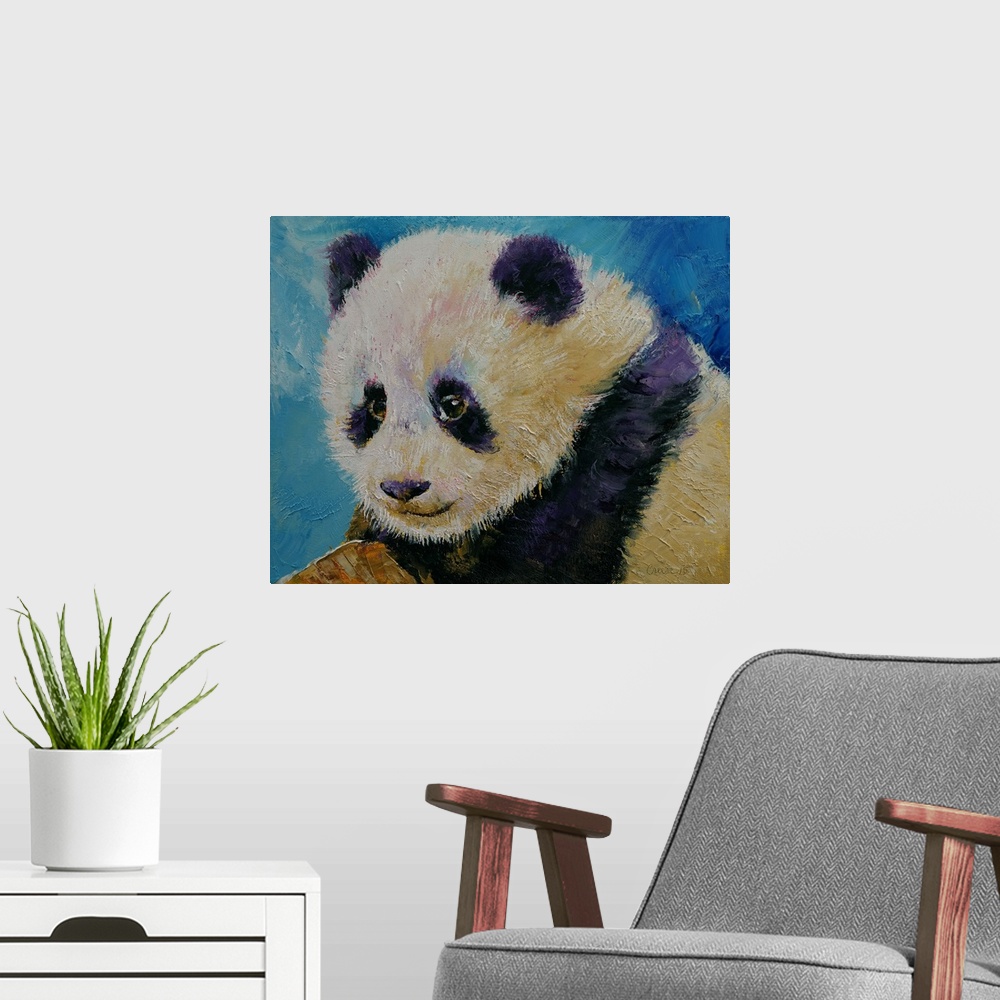A modern room featuring A contemporary painting of a portrait of a panda bear cub.