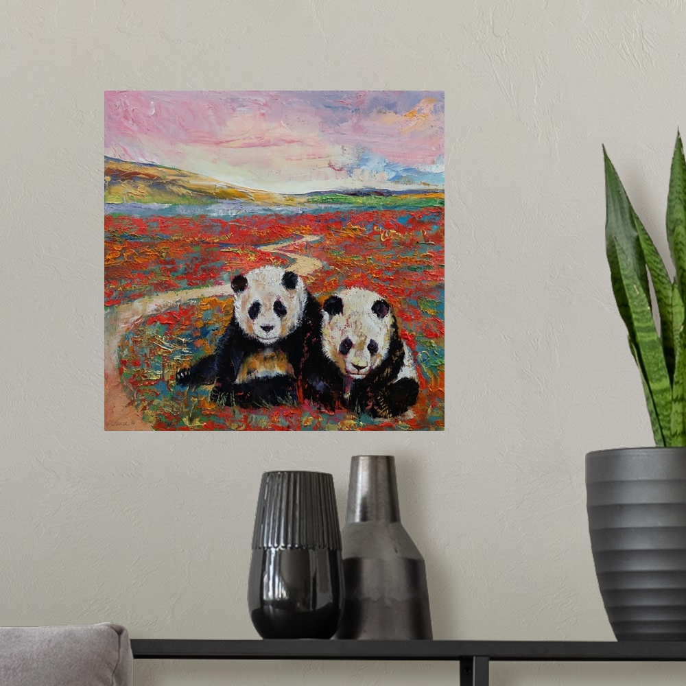 A modern room featuring A contemporary painting of two panda bears in a magical land.